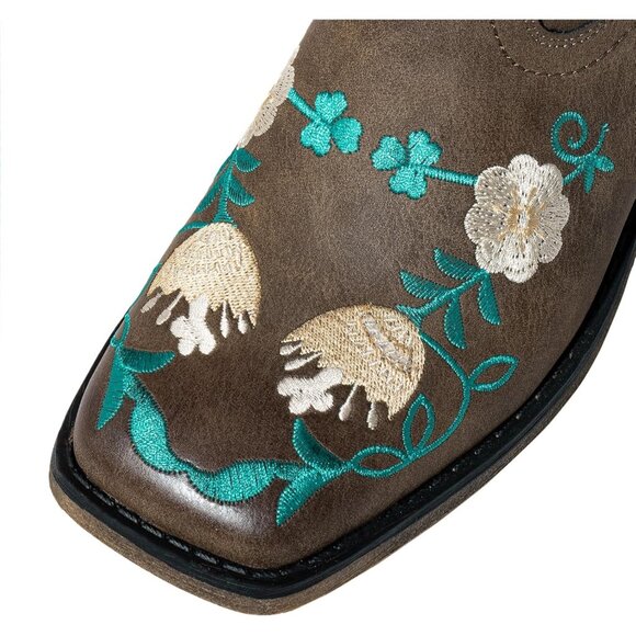 Women's Brown  Cowgirl Sunflower Floral Embroidered Western Square Toe Boots - Picture 4 of 7